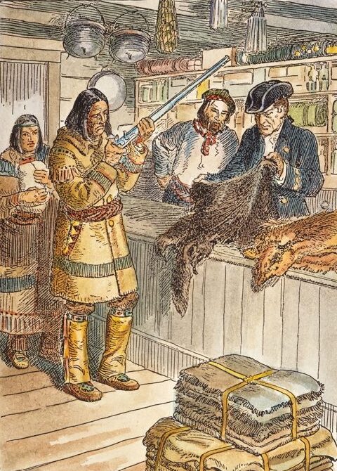 Two indigenous people examine a gun while two traders examine a fur pelt in a store.