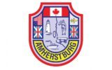 The red official shield for the Town Logo for the Town of Amherstburg, Ontario Symbols are arranged clockwise around the shield.