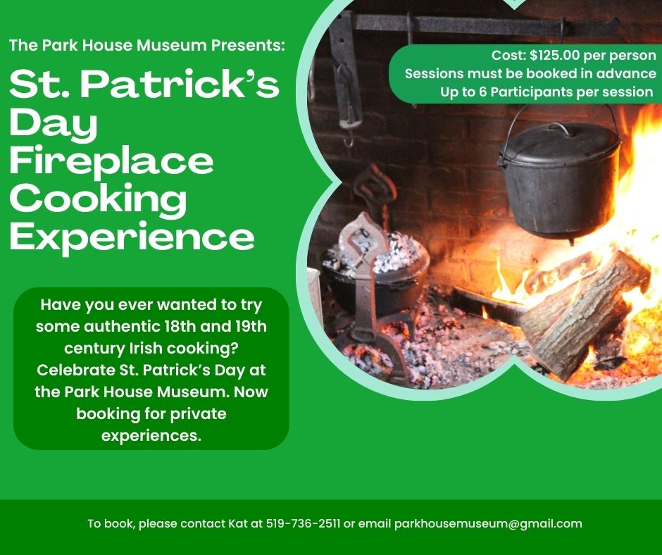 Green promotional image advertising St. Patrick's Day fireplace cooking class